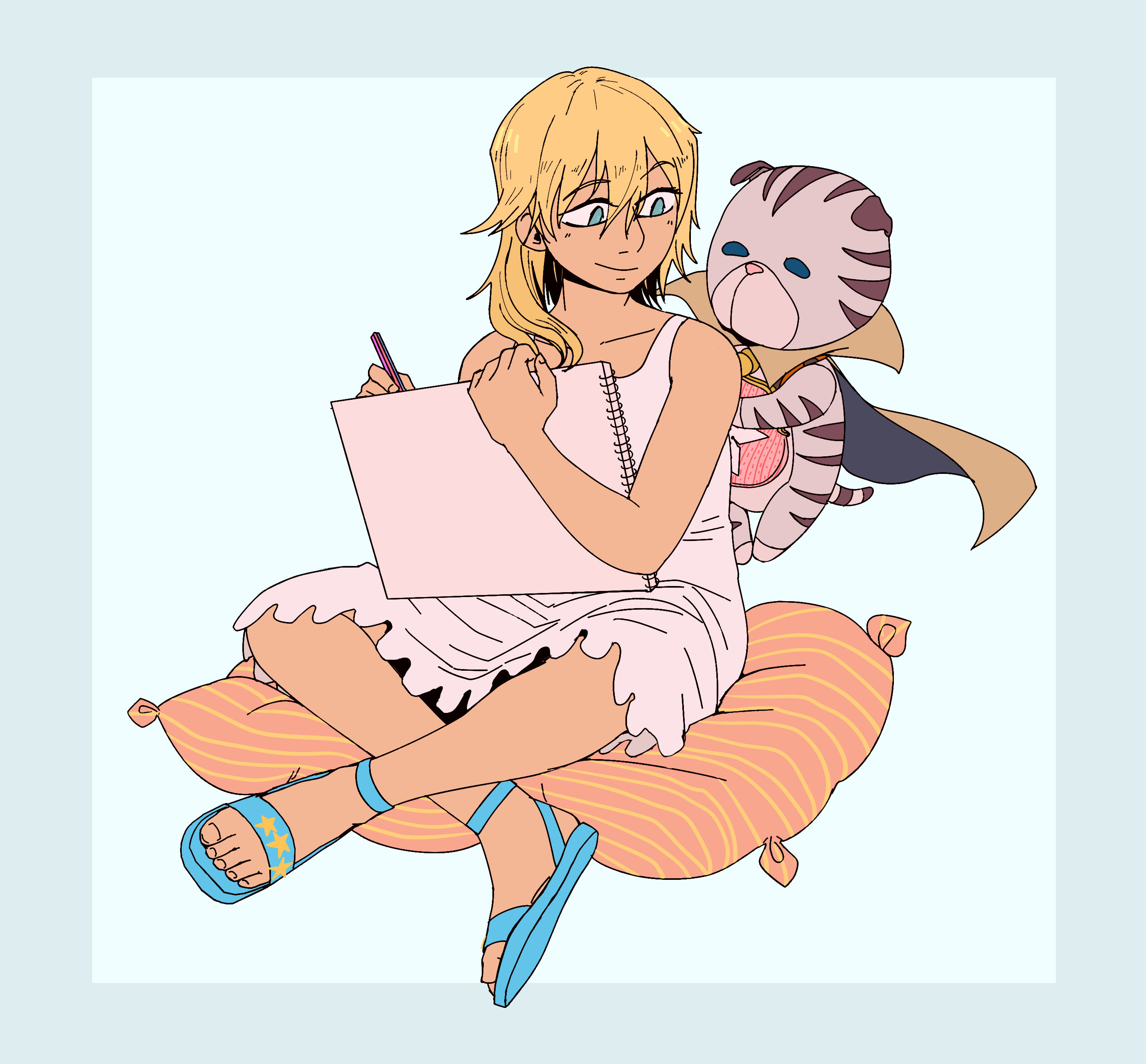 Colored sketch of Kingdom Hearts Namine sits on pillow holding a sketchbook and Chirithy holds her shoulder.